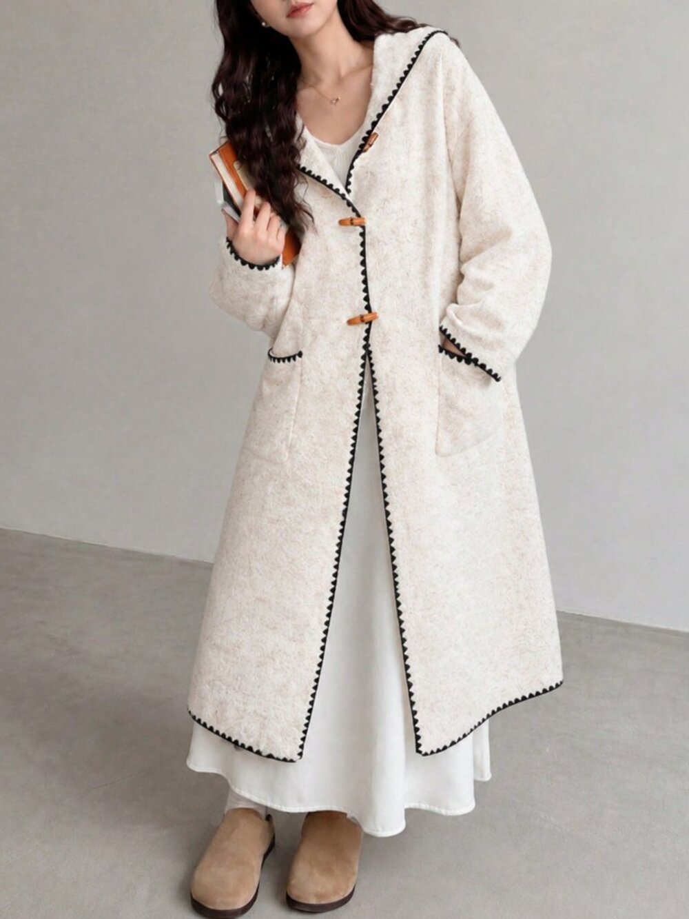 Oatmeal Casual Women's Long Plain Button Loose Fit Hooded Cardigan - Picture 4 of 5
